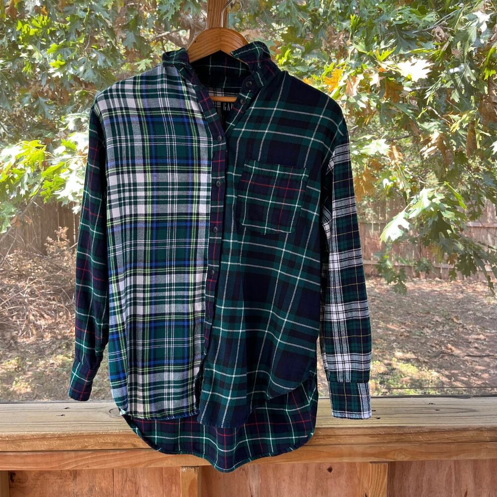 Gap Women's Flannel Big Shirt Green & Blue Cocktail Plaid Size S